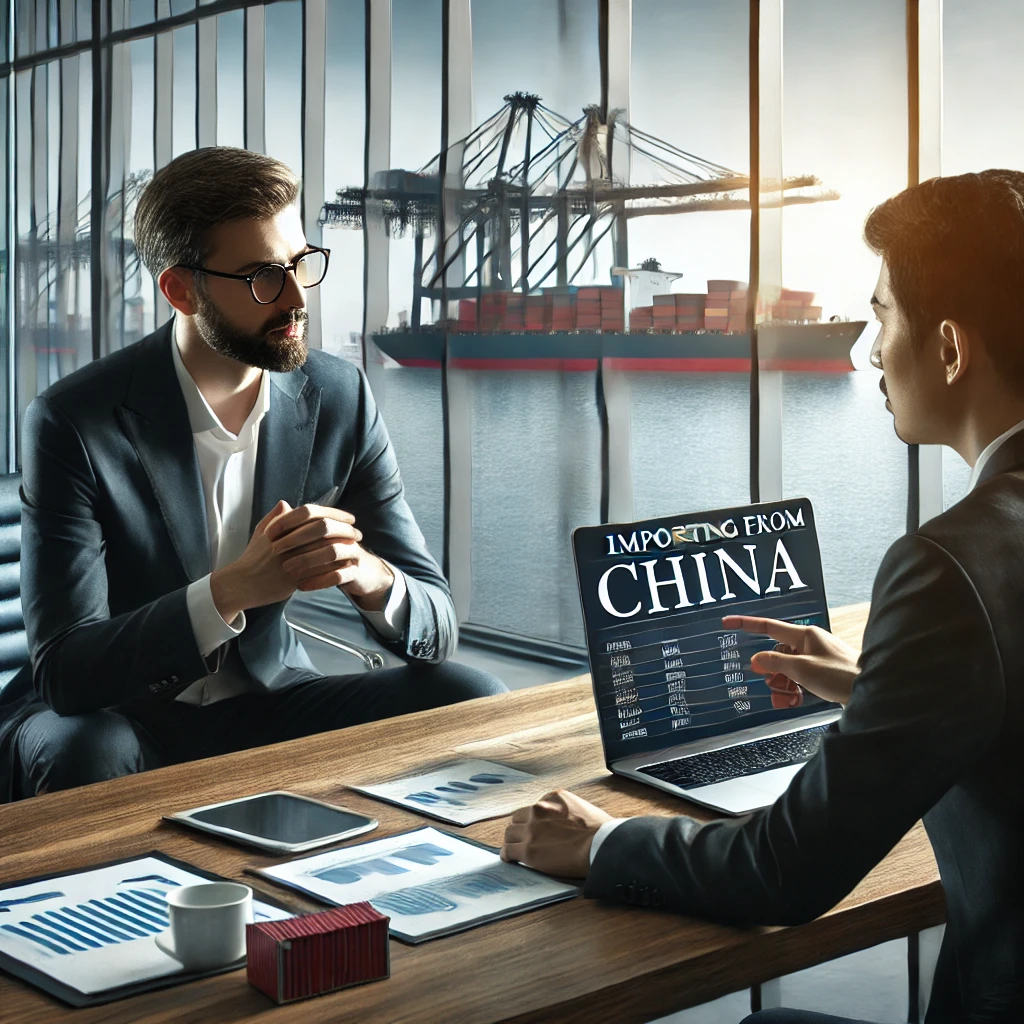 DALL·E 2025-02-23 11.05.10 - A highly realistic professional business consultation scene focused on importing from China. A business expert in a modern office, wearing a suit, dis